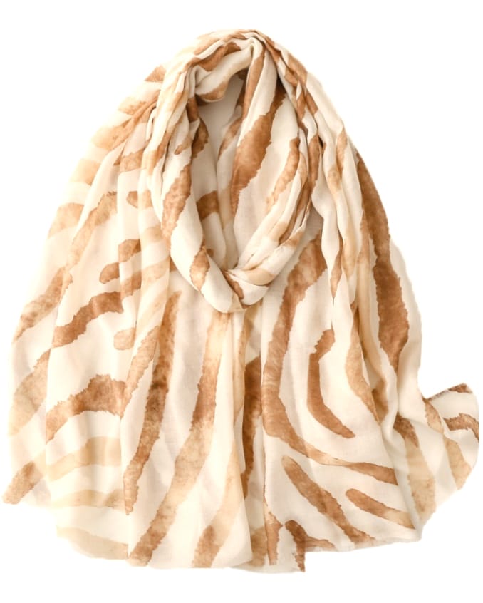 Tørklæde med zebra print i råhvid og camel